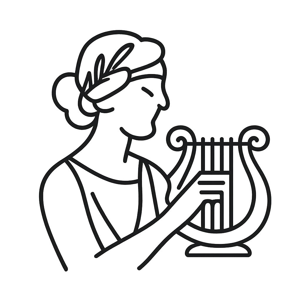 Een zwarte halve buste in de stijl van ancient Greek art met een harmonika en een brug. Het kader is in donkere stijlen, m...