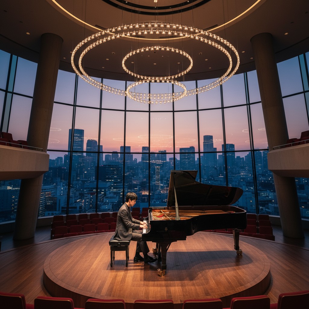 [An elegant pianist in a sleek...